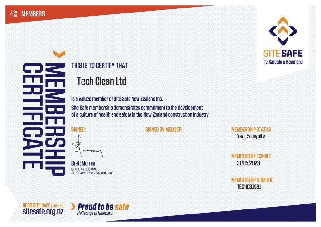 TechClean NZ | Our Qualifications | Site Safe Membership Certificate - Expires 31.05.2023